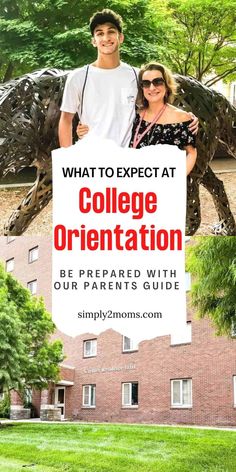 a man and woman standing in front of a building holding a sign that says college orientation be prepared with our parents'guide