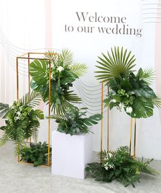 there are three planters with plants in them on the floor next to a sign that says welcome to our wedding