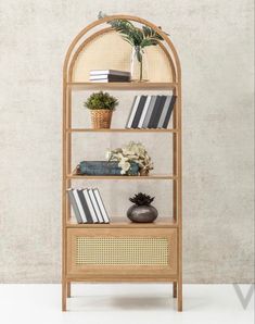 a wooden shelf with books and plants on it