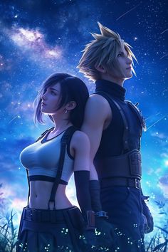 two people standing next to each other in front of a sky with stars and clouds