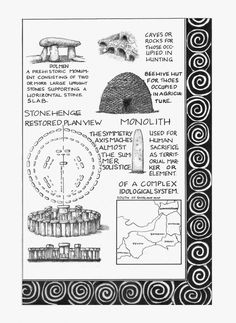 a black and white poster with information about the history of stonehenge in monochrome