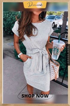 Short Sleeve Round Neck Waist Striped Dress Women's Dress Color Pick, Skirt Length, Women's Fashion Dresses, Striped Dress, Customer Support, Women's Dress, Round Neck, Fashion Dresses, Fast Delivery