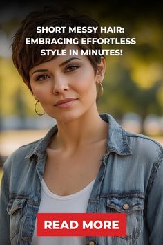 Short-haired person in a denim jacket with a serene expression, promoting the effortless style article. Short Messy Hair, Feathered Bob, Bob With Fringe, Chic Hairstyle, Ombre Bob, Tousled Hair, Messy Updo, Confident Style, Long Pixie