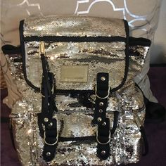 This Is One Gorgeous Vintage (Rare ) Large All Gold Sequins & Black Backpack! I Purchased This Over 12 + Years Ago,& Just Never Used! That’s When I Started Collecting Backpacks This Gorgeous Backpack Is The Larger Version! The “Original “Not The - Small Backpacks Like This Selling Out There Now! This Is In Pristine Condition Inside & Out ! Never Used Still Has Original Tags Love The Fold Over Top Double Magnetic Snap Closure! Nice & Roomy Inside And Outside! Look At The Detailing Of This ! Wow ! Small Backpacks, Juicy Couture Vintage, Carryon Bag, Sequin Backpack, Oversized Bag, Couture Bags, Juicy Couture Bags, Couture Vintage, Small Backpack