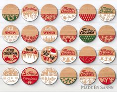 wooden christmas buttons with different designs on them