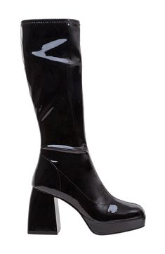 A chunky platform and sculptural block heel elevate a retro-inspired boot with a glossy finish for statement-making appeal. 3 1/2" heel; 3/4" platform Slip-resistant sole Synthetic upper/fabric lining/rubber sole Imported Platform Boots Women, Chunky Platform, Platform Boots, Retro Inspired, Nordstrom Rack, Block Heels, Rubber Sole, Womens Boots, Size 7