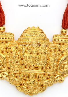 22 Karat Gold 'Shivji Parivar /Shivji,Parvathi,Ganeshji,Kartikeya' Necklace with Corals 
   - 235-GN5307 - in 97.350 Grams for USD $8,043.98 USD. 
Made in India by Totaram Jewelers Online this product is in Gold - 22 Karat BIS Hallmark 916 Gold  & is an excellent gift for Adult - Women. Ships fully insured with secured guaranteed delivery for free with your order over $250 from New Jersey USA & comes with 30 days exchange policy. 22k Gold Necklace, 22k Gold Jewelry, India Gift, Gold Jewelry Indian, Gold Necklace Women, Gifts For Adults, Online Jewelry Store, 22k Gold, Indian Jewelry