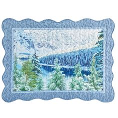 a painting of trees and mountains with snow on the ground in front of it is a blue frame