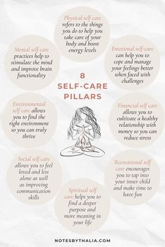 The 8 Pillars of Self-Care Infographic that includes Physical self-care, Mental self-care, Emotional self-care, Environmental self-care, Financial self-care,  Social self-care, Recreational self-care and  Spiritual self-care Self Love Outline, Self Love Bio, Self Love List, Self Care List, Building Self Esteem, Love List, Self Concept, Take Care Of Your Body