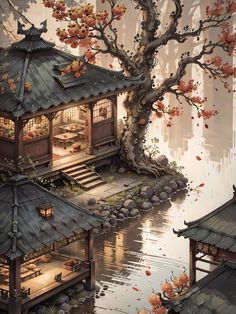 a painting of a japanese house by the water