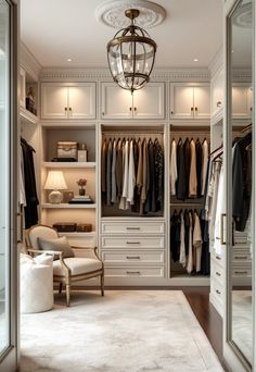 Walk in Closet Ideas Walk In Closet Seating Ideas, Wall Closet Ideas Bedroom Modern, His Walk In Closet, Luxury Master Closet Design, Luxe Walk In Closet, Modern House Closet, Walk In Closet With Full Length Mirror, Container Store Closet Ideas, Walk Through Master Closet