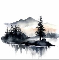 a watercolor painting of trees and mountains in the foggy sky over a lake