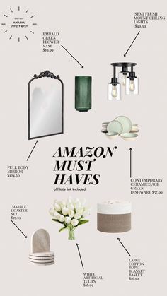 an info sheet with the words amazon must haves on it and various items labeled in black