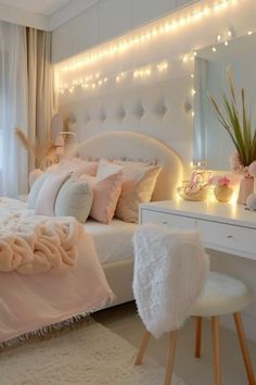 a white bedroom with lights on the wall