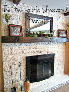 a fireplace with pictures on the mantle and a mirror above it that says, the making of a seasoned mantel