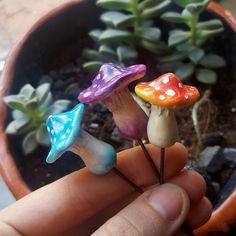 three miniature mushrooms sitting on top of each other in front of a potted plant