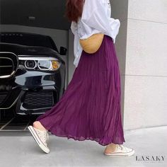 Lasaky - Pleated Chiffon High Waist Skirt with Slit, Stylish Midi Skirt for a Flattering Look Stylish Midi Skirt, Purple L, Pleated Chiffon, High Waist Skirt, Mid Length Skirts, Denim Midi Skirt, Types Of Skirts, Floral Maxi, Floral Maxi Dress