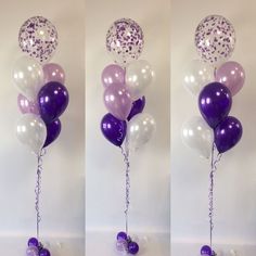 three pictures of balloons with purple and white confetti hanging from the top one