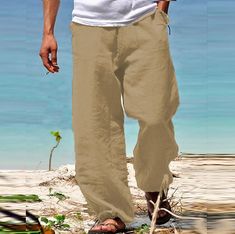 Men's Linen Pants Trousers Summer Pants Beach Pants Drawstring Elastic Waist Straight Leg Plain Comfort Daily Yoga Linen / Cotton Blend Fashion Streetwear Navy Black 2023 - US $20.39 Mens Trousers Casual, Fits Streetwear, Mens Linen Pants, Soft Yoga, Casual Pants Style, Cotton Linen Pants, Casual Joggers, Mens Linen, Summer Pants