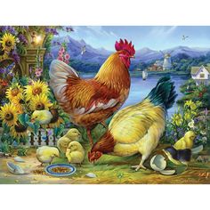 a painting of chickens and chicks in a garden with flowers on the ground next to water