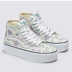 Vans Sk8-Hi Tapered Stackform Pastel Floral Frosted Mint/ True White Green And Pink Women's Size Us 9, Men's Size 7.5, Eu Size 40. Fits True To Size, I'm A Size 9, And They Fit Great. The Sk8-Hi Tapered Stack Shape. Brings New Heights To Our Tapered Side Stripe Shoe And Spruces Up Our Slim-Fit High-Top Shoe With An Even More Chunky Take On Platform Aesthetic. These Vibrant Platform Shoes With An Oversized Side Wall For Double Height Highlight A Well-Known Classic While They Complement Your Look Platform Aesthetic, Platforms Aesthetic, Vans Shoes Fashion, Cute Converse Shoes, Nike Shoes Women Fashion, Floral Vans, Cute Summer Shirts, Cute Converse, High Top Shoe