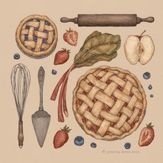 an apple pie, strawberries, and other food items are depicted in this watercolor drawing