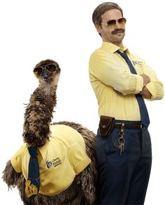 a man standing next to an ostrich wearing sunglasses and a yellow shirt with his arms crossed