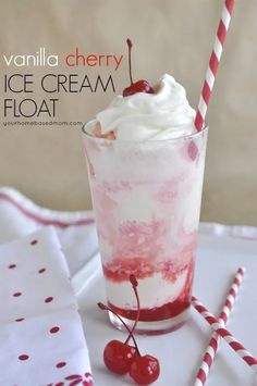 vanilla cherry ice cream float with whipped cream and cherries