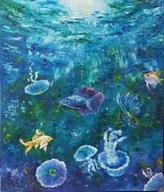 a painting of fish swimming in the ocean with jellyfish and other marine life around it