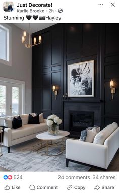 the living room is decorated in black and white