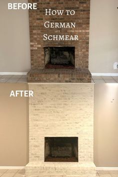 before and after pictures of a brick fireplace