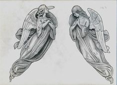 two drawings of angel wings with one holding a baby