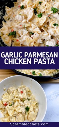 garlic parmesan chicken pasta in a white bowl next to a blue and white plate