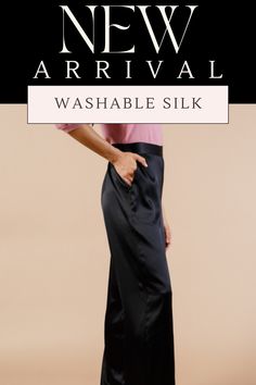 Don't let the fear of ruining your silk keep you from enjoying it. Our women's silk pants are not only luxurious but also washable. Choose from classic black, earthy olive green, or vibrant wine to add a touch of elegance to your outfit. Perfect for the woman who loves to combine style with practicality. #silkpants #washablesilk #silkoutfit #classy #classysilkoutfits #silkpantsoutfitclassy Elegant Satin Pants For Loungewear, Chic Silk Pants For Night Out, Chic Satin Tapered Leg Pants, Chic Full-length Silk Wide Leg Pants, Chic Silk Wide Leg Full Length Pants, Black Satin Loungewear Bottoms, Chic Full Length Silk Wide Leg Pants, Chic Silk Wide Leg Pants Full Length, Chic Silk Bottoms With Bias Cut