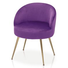 a purple chair with gold legs on a white background