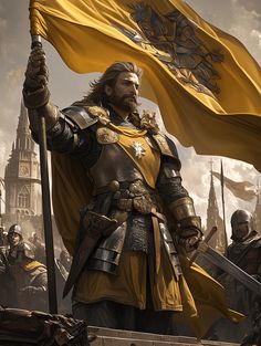 a man in armor holding a yellow flag