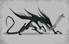 a black and white drawing of a dragon with sharp claws on it's head