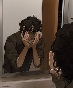 a woman is looking at herself in the mirror with her hands on her face,