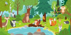 cartoon forest scene with animals and trees