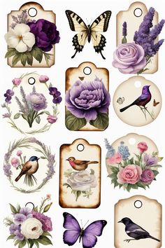 some tags with flowers and butterflies on them