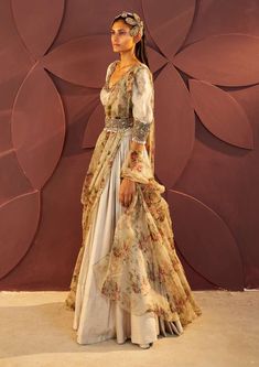 Parul And Preyanka-Silver Argente Lehenga Set-INDIASPOPUP.COM Lehenga With Blouse, Embroidered Belt, Embroidered Lehenga, Lehenga Blouse, Silver Fabric, Floral Inspiration, Silk Organza, Fabric Silk, Silk Crepe