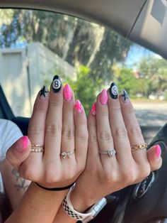 fun nails #nailinspo #inspo 4th Of July Nail Inspo Almond, Pink 8 Ball Nails, 8 Ball Nail Design, Nail Inspo 8 Ball, Nails 8 Ball, Magic 8 Ball Nails, Eight Ball Nails, Nail Ideas Colorful, 8ball Nails