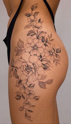 Hip Floral Tattoos Women, Cherry Blossom Tattoo Thigh, Side Thigh Tattoo, Upper Thigh Tattoo, Floral Hip Tattoo, Flower Hip Tattoos, Side Hip Tattoos, Upper Thigh Tattoos, Hip Tattoo Designs