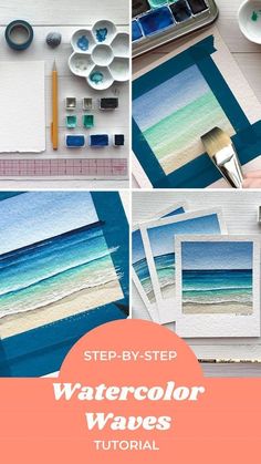 Это то, что ты искал! Art Ideas With Watercolor, Easy Watercolor Seascapes, Watercolor Beach Tutorial Step By Step, Watercolour For Beginners Step By Step, Watercolor Art Beach Simple, Watercolour Beach Tutorial, Watercolor Art Landscape Mountain, Beach Watercolour Painting, Simple Beach Watercolor