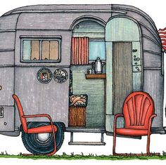 a drawing of an airstream with two red chairs next to it and the american flag