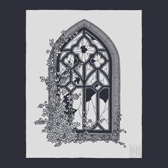 an old stained glass window with vines and flowers on the outside, in black and white