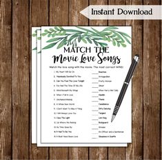 printable match the movie love songs game with green leaves on it and a pen