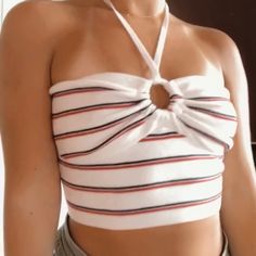 Unique Nautical White And Blue Stripe Y2k Halter Top! So Cute, It’s A Thick White/Cream Material With Blue And Red Stripes Halter Tie But Can Also Be Worn As A Tube Top! Similar To Brandy Melville New With Tags! Never Worn!! Originally $26.95 From Pacsun. Check Out The Rest Of My Listings To Bundle & Save! Chic Striped Summer Crop Top, Chic Striped Crop Top For Summer, Striped Nautical Tops For Summer, Nautical Striped Tops For Summer, Striped Summer Beach Top, Spring Vacation Striped Halter Top, Chic Striped Halter Top For Summer, Striped Tops For Beach In Summer, Nautical Beach Tops For Summer