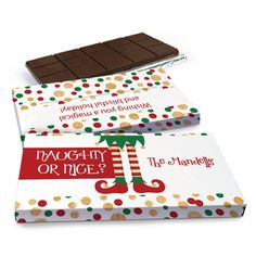 three chocolate bars with christmas designs on them