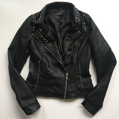 A Leather Jacket Lady Gaga Would Probably Wear In A Music Video Or Performance. It Gives Judas Or Heavy Metal Lover Vibes. It Has Studs On Them, One Is Missing But I Bought It That Way And The Original Tag Is Attached. Smoke And Pet Free Home :) Otherwise No Flaws. Edgy Fitted Outerwear With Rivets, Fitted Outerwear With Rivets For Party, Fitted Rivets Outerwear For Party, Fitted Party Outerwear With Rivets, Rock Style Winter Outerwear With Rivets, Winter Rock Style Outerwear With Rivets, Trendy Winter Biker Jacket With Rivets, Fitted Spring Outerwear With Rivets, Trendy Fitted Biker Jacket With Rivets